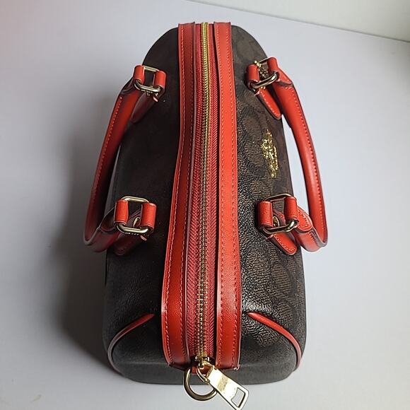 NWT Coach Medium Rowan Satchel In Signature Canvas Walnut Red Gold - Picture 4 of 4